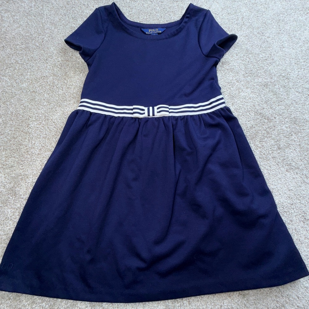 Polo Ralph Lauren Girls Navy Blue Striped Bow Waist Dress Size 6